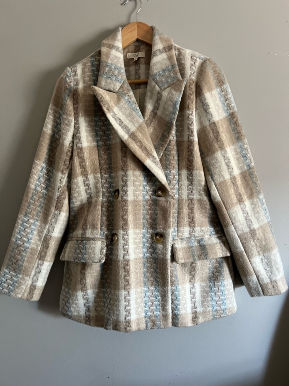 Boutique Plaid Double-Breasted Women's Coat - Beige/Blue